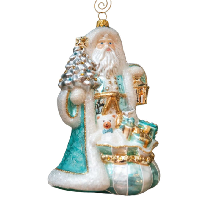 Turquoise and Gold Spendid Santa Ornament