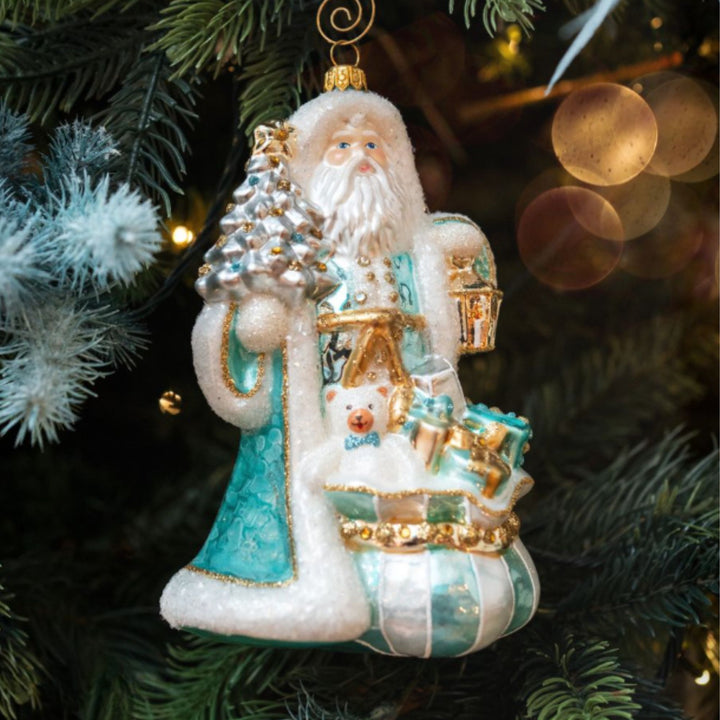 Turquoise and Gold Spendid Santa Ornament