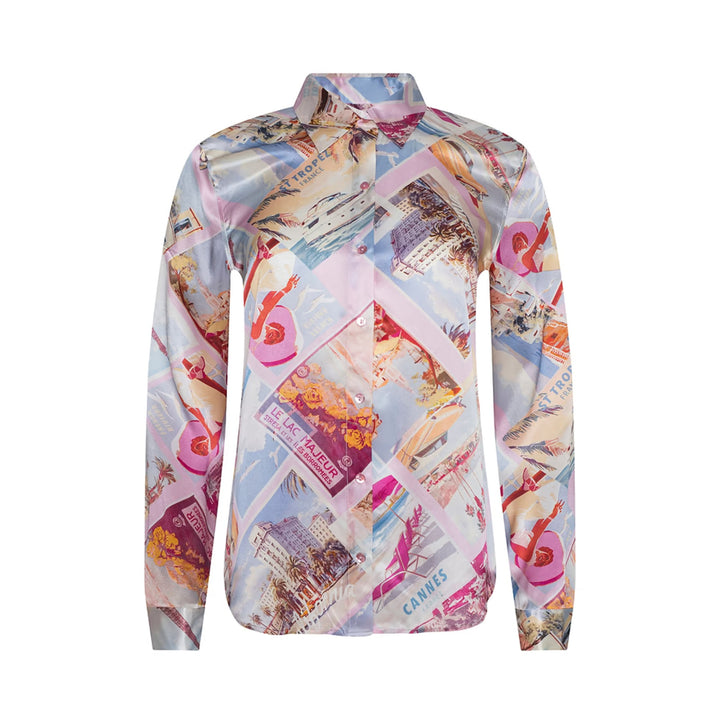 Tyler  Long-Sleeve Blouse in Light Pink Multi Large Postcard Print