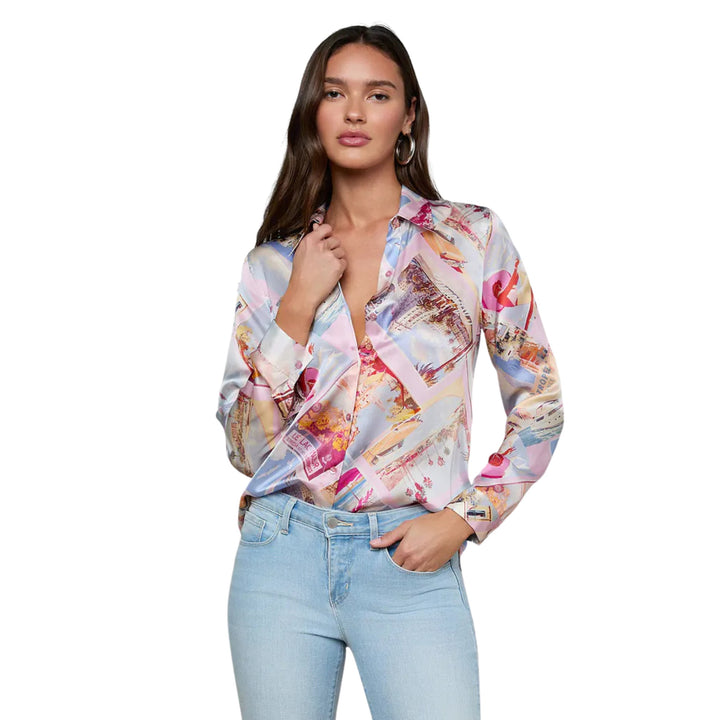 Tyler  Long-Sleeve Blouse in Light Pink Multi Large Postcard Print
