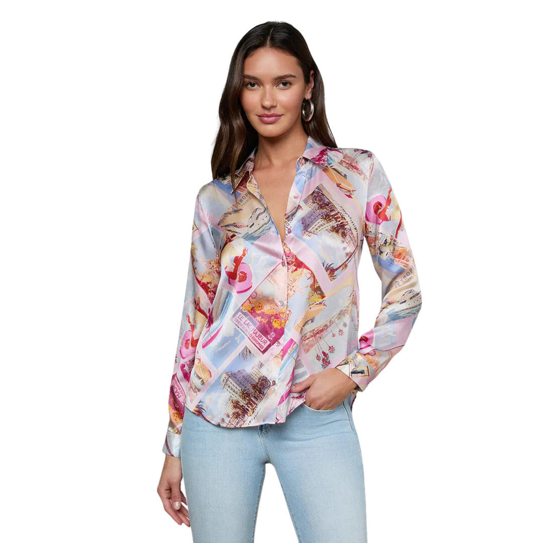 Tyler  Long-Sleeve Blouse in Light Pink Multi Large Postcard Print