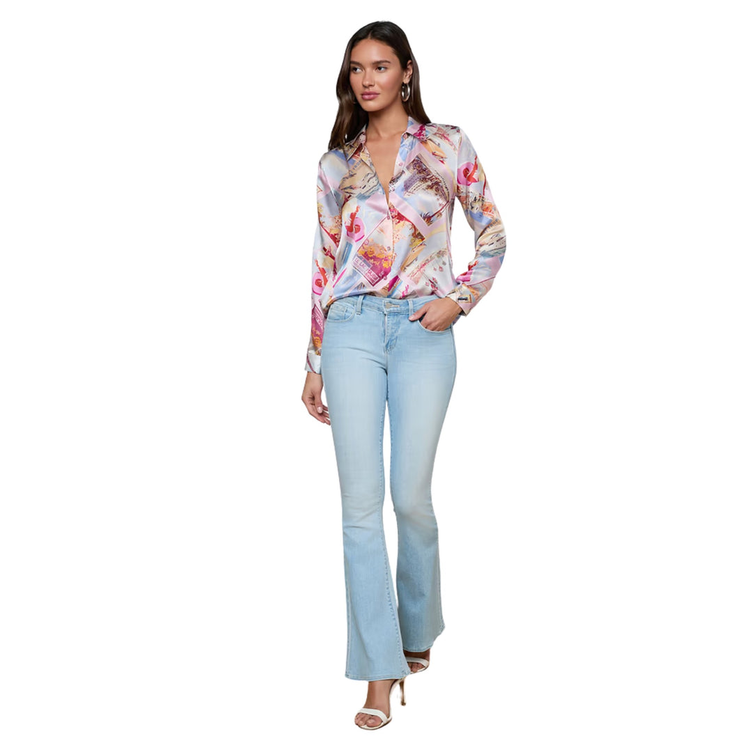 Tyler  Long-Sleeve Blouse in Light Pink Multi Large Postcard Print