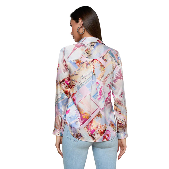 Tyler  Long-Sleeve Blouse in Light Pink Multi Large Postcard Print