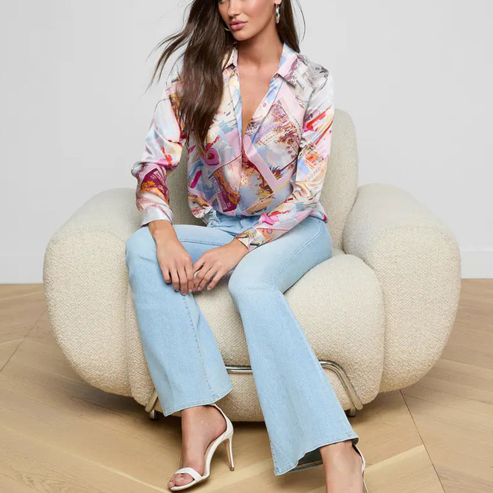 Tyler  Long-Sleeve Blouse in Light Pink Multi Large Postcard Print