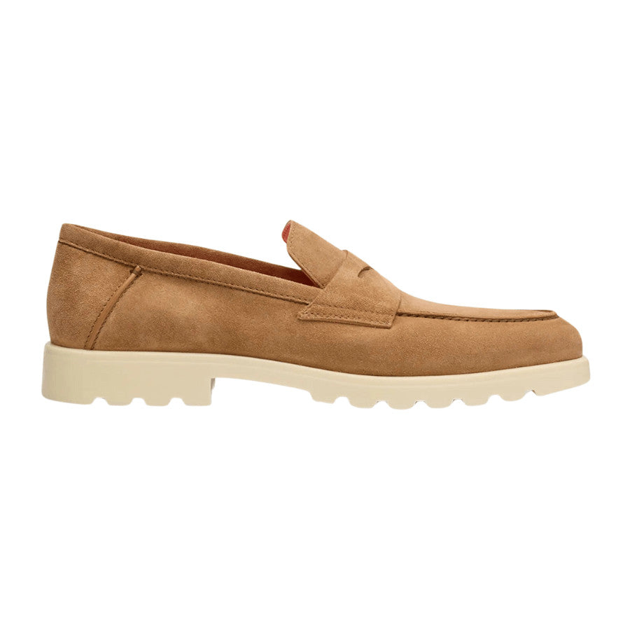 Light brown. Calf suede. Almond toe. Branded insole. Flat rubber sole. Almond-toe suede loafers. Made In Italy.