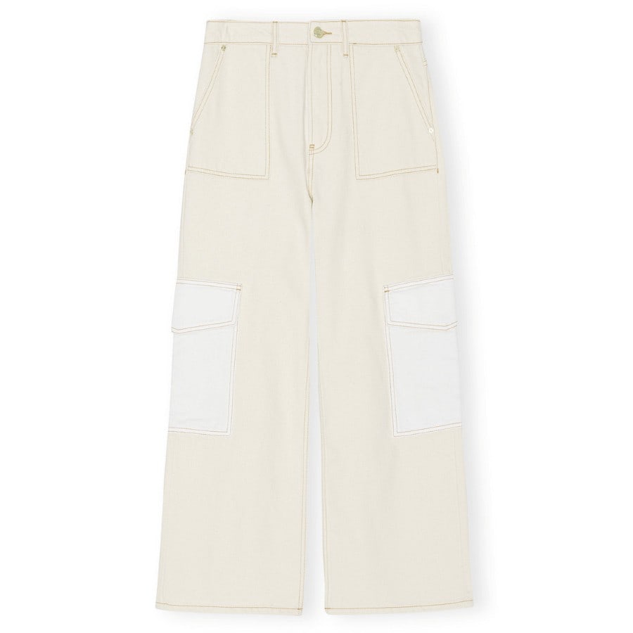 These White Ecru Denim Angi Jeans are made from organic cotton and feature a zip and button closure, contrast stitching, white cargo pockets on the lower leg and white back pockets with a GANNI logo. The jeans are fitted at the waist and designed for a straight fit through the hip and thigh with a wide straight leg.