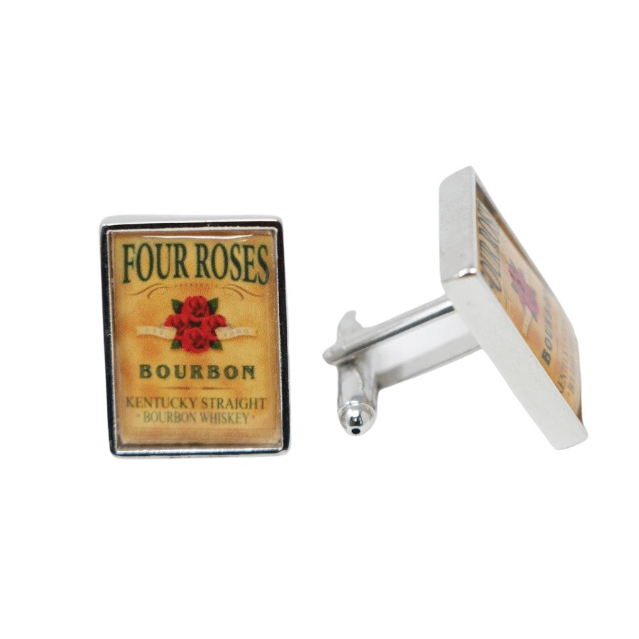 Text: Four Roses Kentucky Straight Bourbon Whiskey. Silver lining cufflink.  Shape: rectangle.  Exclusive cufflinks. 