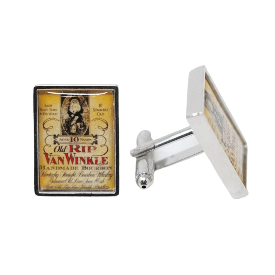 Text: Old RIP Van Winkle handmade bourbon. Silver lining cufflink. Shape: rectangle. Exclusive cufflinks.