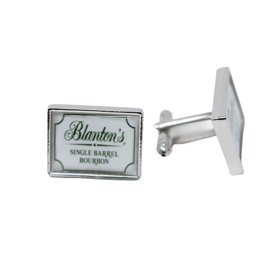 Text: Blanton's Single Barrel Bourbon. Silver lining cufflink. Shape: rectangle. Exclusive cufflinks.