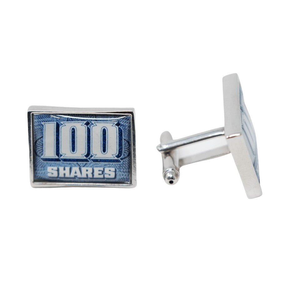 Text: 100 Shares. Silver lining cufflink. Shape: rectangle. Exclusive cufflinks.