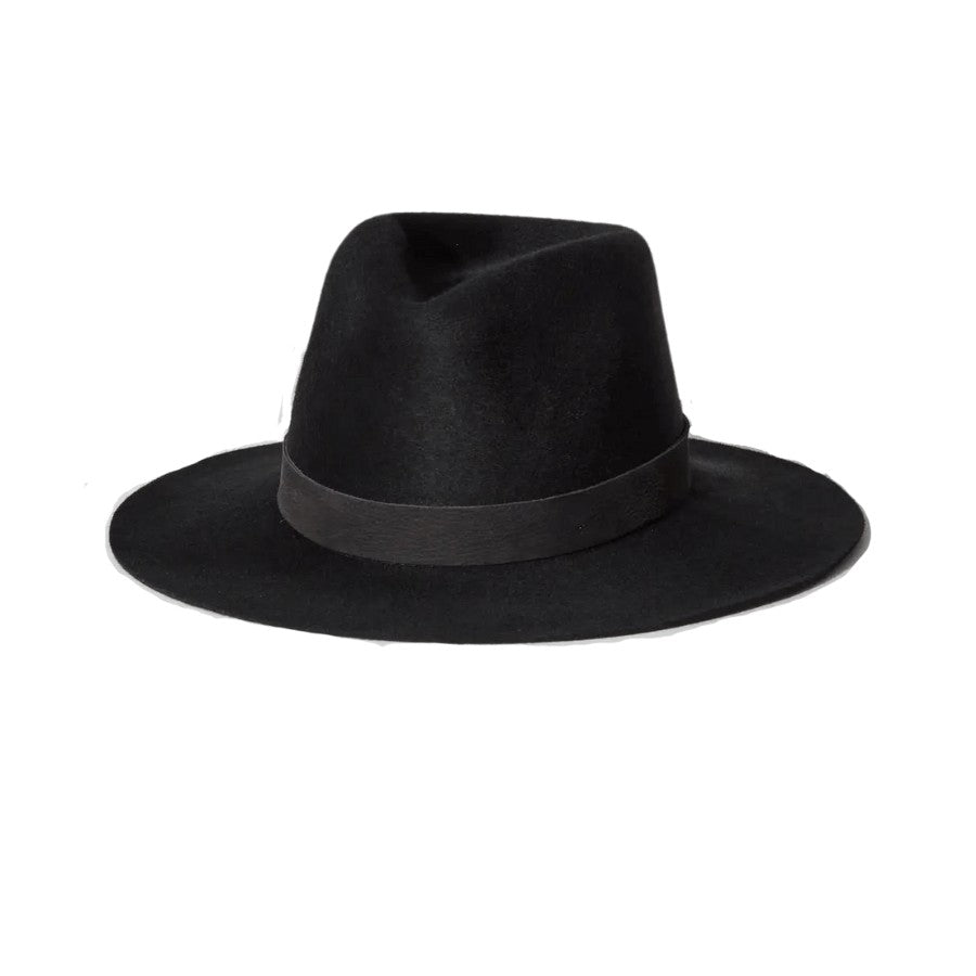 Janessa Leoné's classic wool fedora made from packable wool which means you can easily pack it away in your luggage or bag wherever you may go. This is a staple hat to any wardrobe. A soft and malleable shape that fits like a standard dress hat. Wear it as a subtle statement piece from day to evening. · Brim: 3". · Crown: 4.25". · 1" Band. · Gold Screw Closure. · Made in the USA. · UPF 50+.