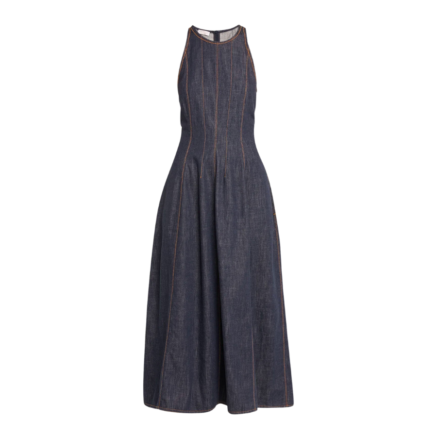 Glossy Denim Structured Dress With Contrast Stitch