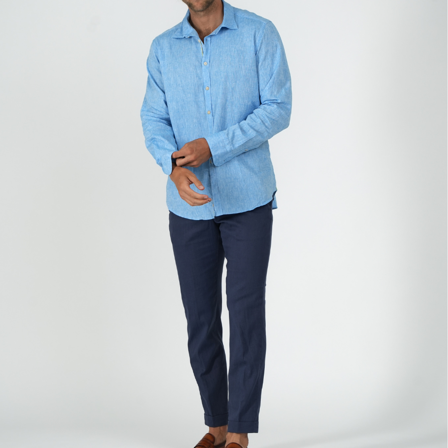 Sky Blue Cotton Linen Sport Shirt