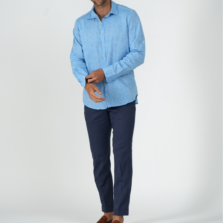 Sky Blue Cotton Linen Sport Shirt