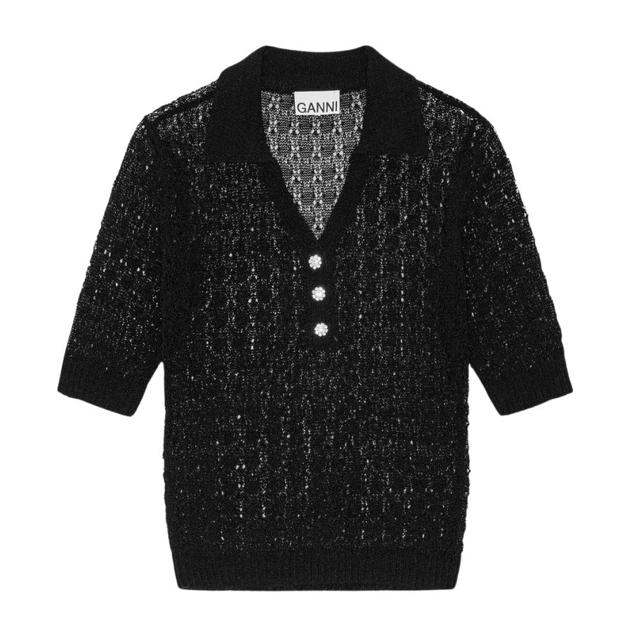 Shiny Pointelle Knit Short Sleeve Polo
