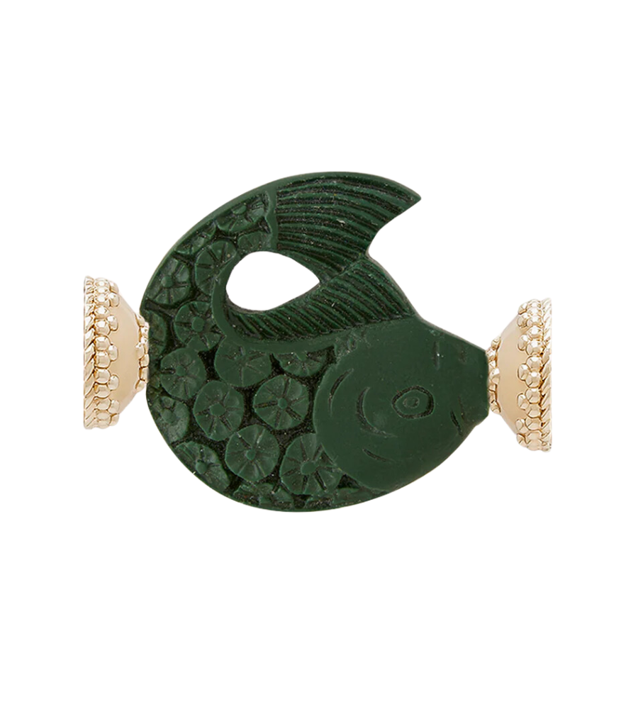 Green Cinnabar Carved Floral Fish Centerpiece