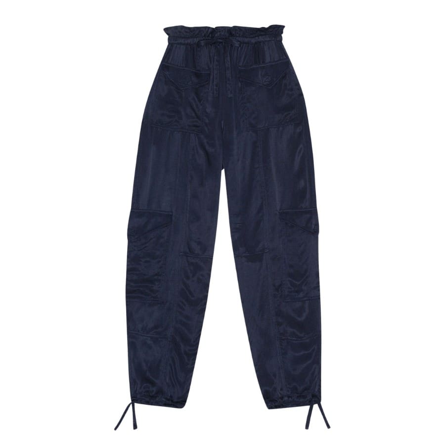These Blue Washed Satin Pants are made from a blend of LENZING™ECOVERO™ viscose. The pants are designed for a relaxed fit and feature a drawstring closure across the waist, ankles, and pockets at the front, side, and back.