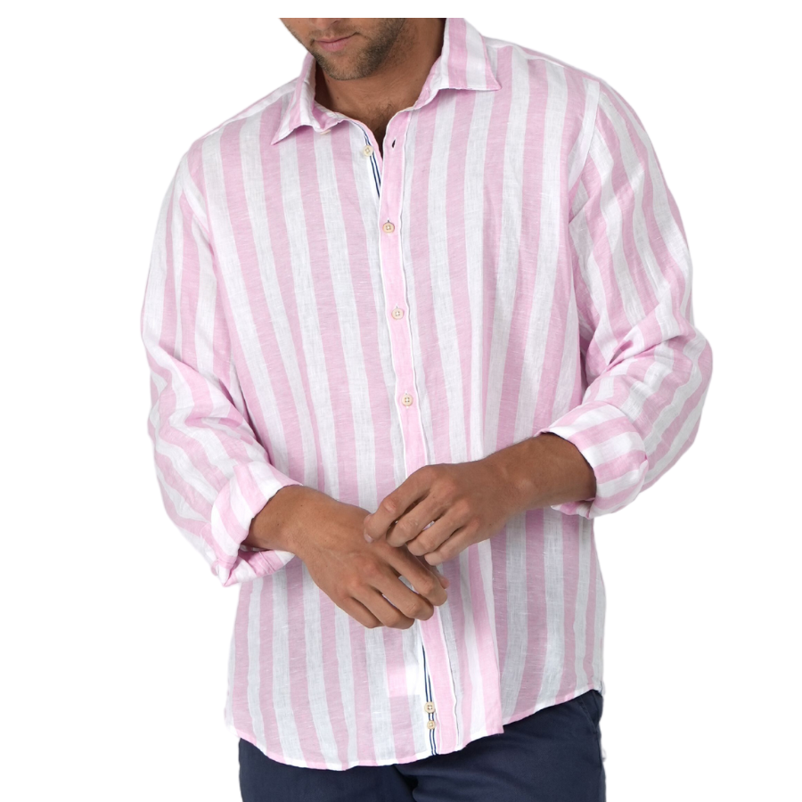 Pink and White Wide Stripe Linen Sport Shirt