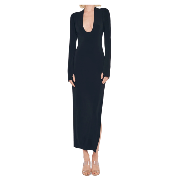 Long Sleeve Deep U-Neck Side Slit Gown