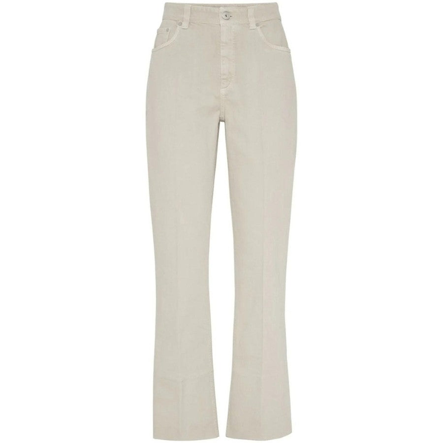 Brunello Cucinelli inset barrel hem jean in avorio. 98% Cotton, 25 Elastane. High Rise. Dry Clean. Made in Italy.