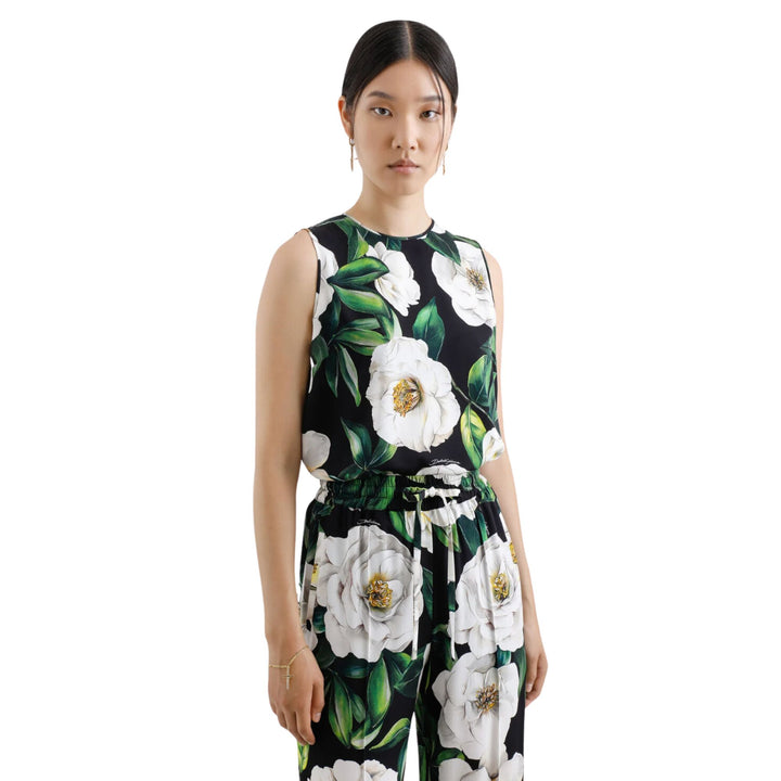 Sleeveless stretch silk charmeuse top with gardenia print