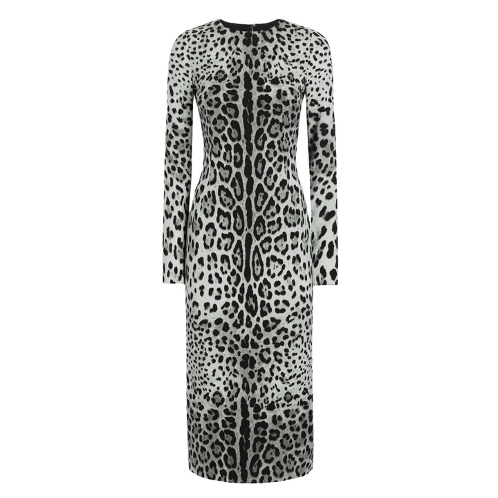 Charmeuse calf-length sheath dress with leopard print