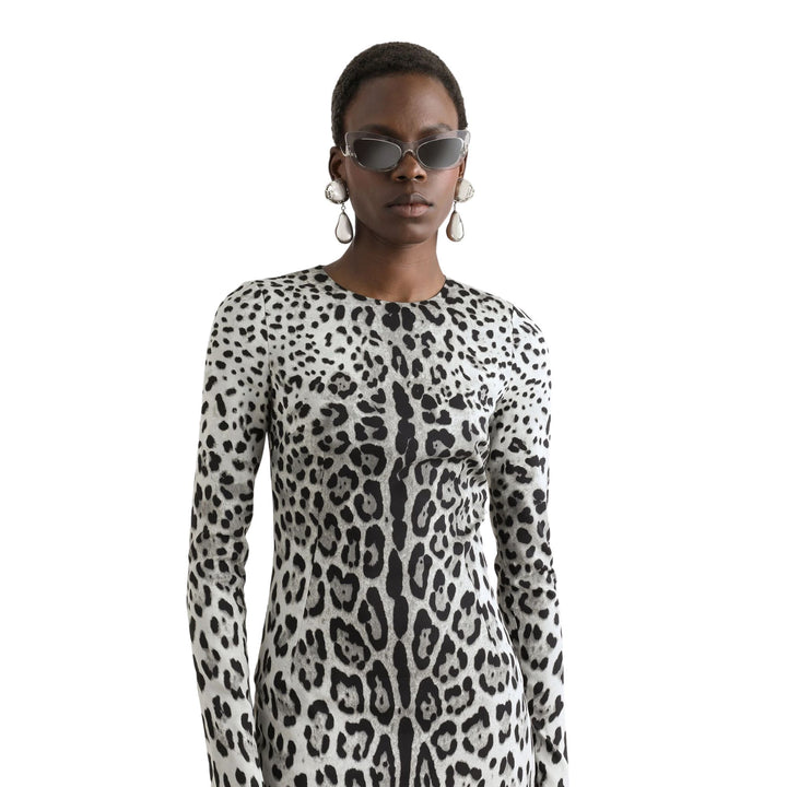 Charmeuse calf-length sheath dress with leopard print