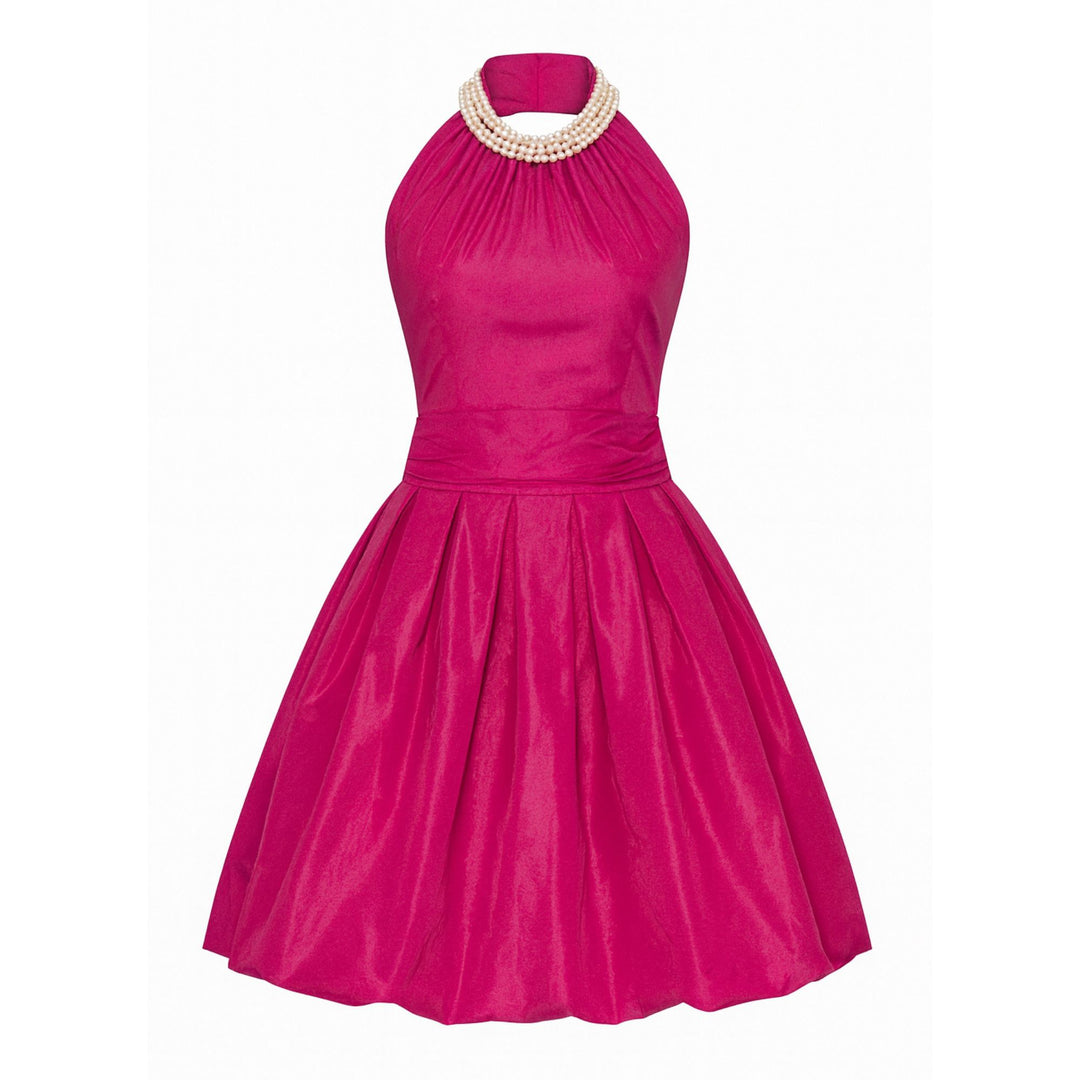 T-Neck Dress with Pearl Collar and Short Bubble Skirt in Italian Taffeta Fuchsia / M T-Neck Dress with Pearl Collar and Short Bubble Skirt in Italian Taffeta Fuchsia / M