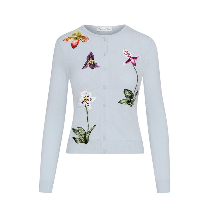 Long Sleeve Orchid Threadwork Embroided Cardigan - Light Blue