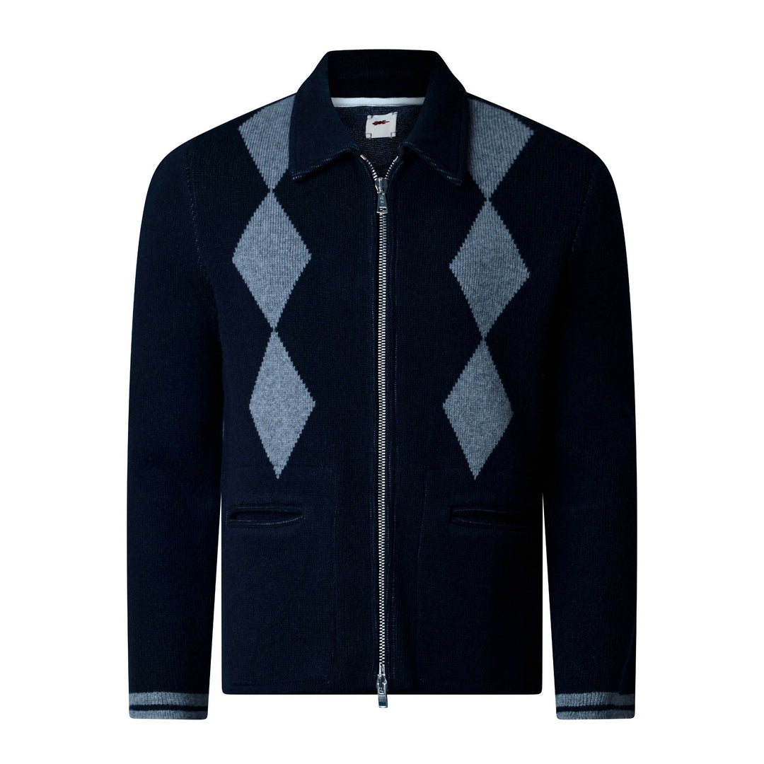 Bowling Diamond Zip Up Sweater - Navy - e50R