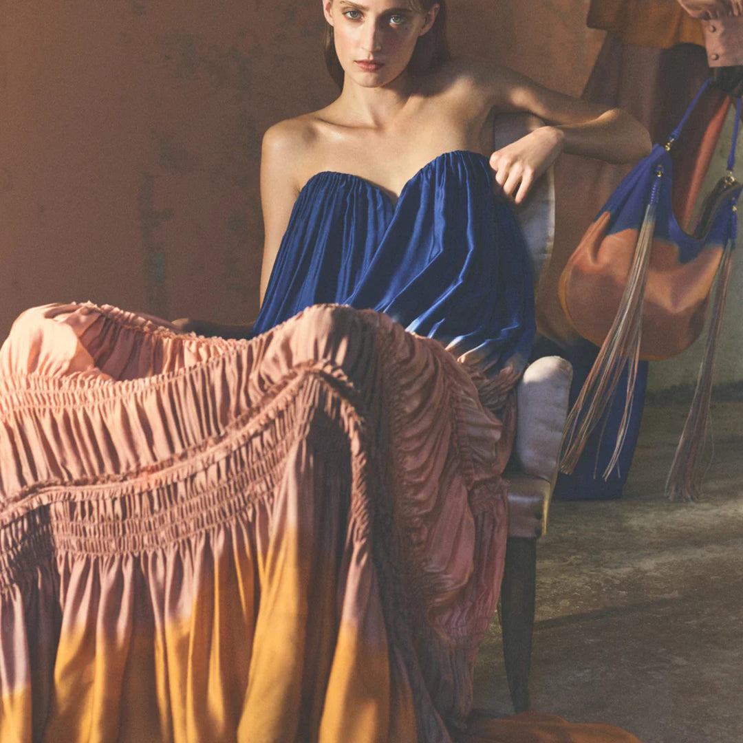 Veil Strapless Silk Gown in Moontide