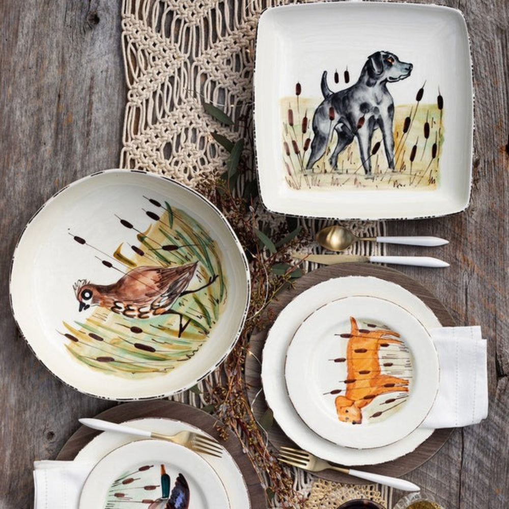 Vietri Wildlife Hunting Dog Square Platter in Black