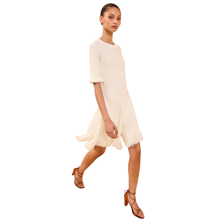 Vittoria Short Sleeves Knit Dress W Fringe in Cowrie