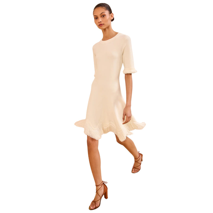 Vittoria Short Sleeves Knit Dress W Fringe in Cowrie