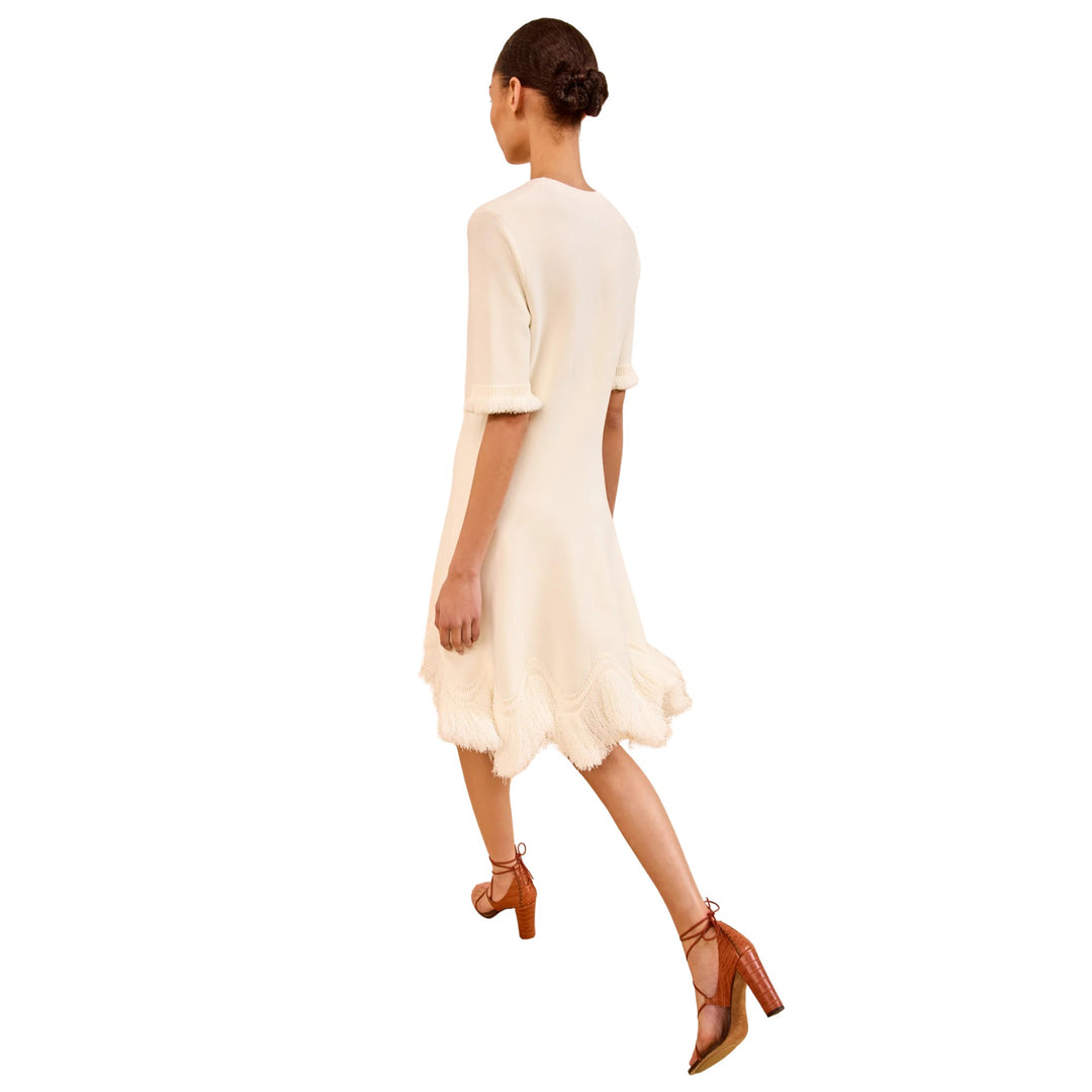 Vittoria Short Sleeves Knit Dress W Fringe in Cowrie