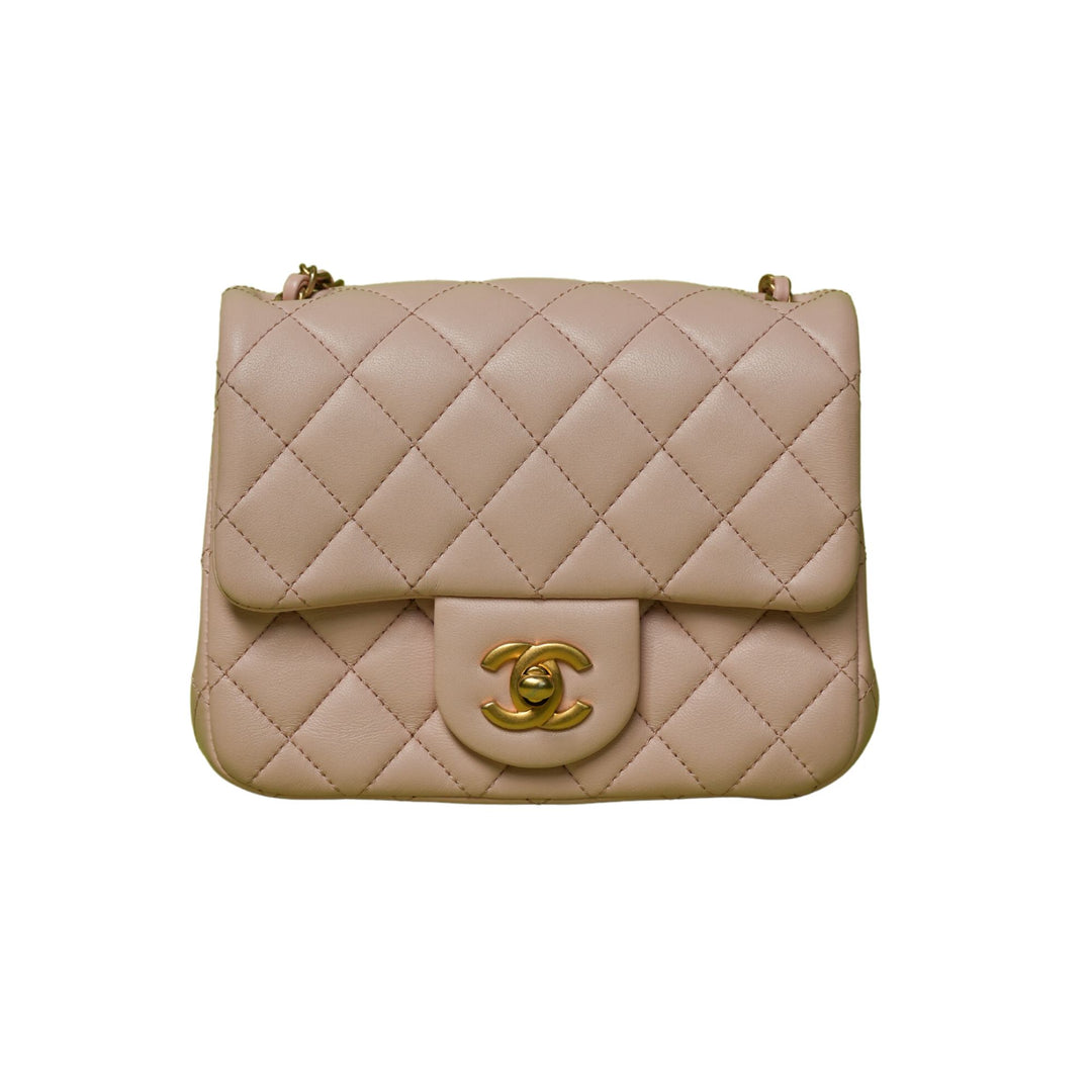 CHANEL PINK LAMBSKIN PEARL CRUSH SQUARE FLAP MINI