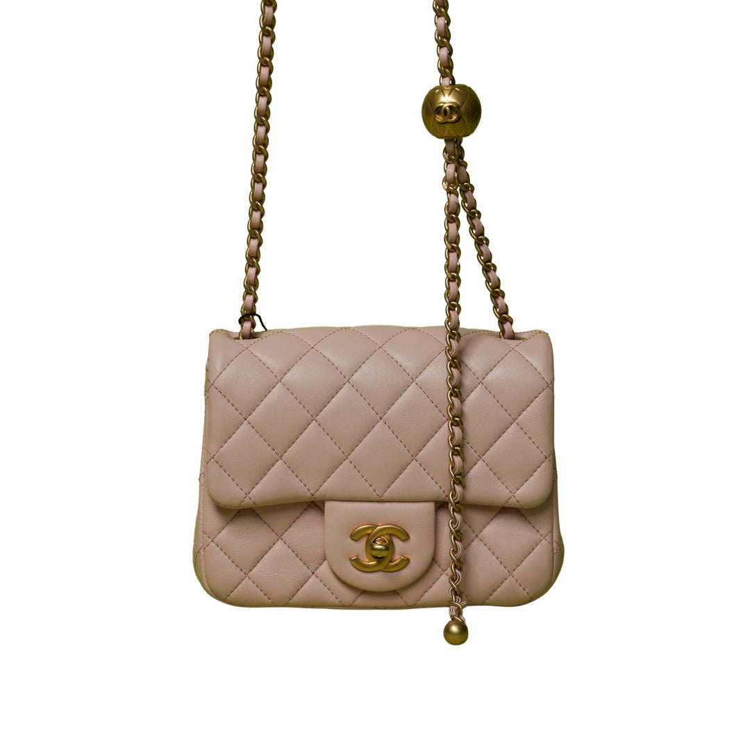 CHANEL PINK LAMBSKIN PEARL CRUSH SQUARE FLAP MINI