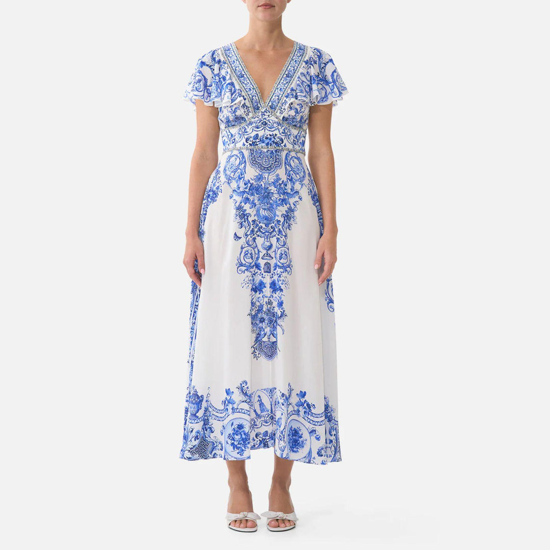 Flutter Sleeve Silk Midi Dress