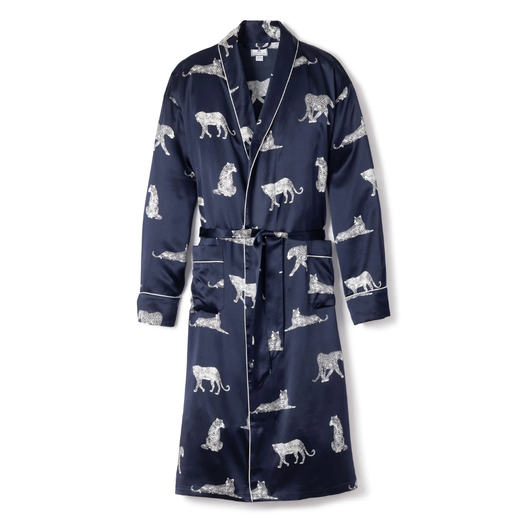Women's Silk Long Robe Panthère de Nuit in Navy
