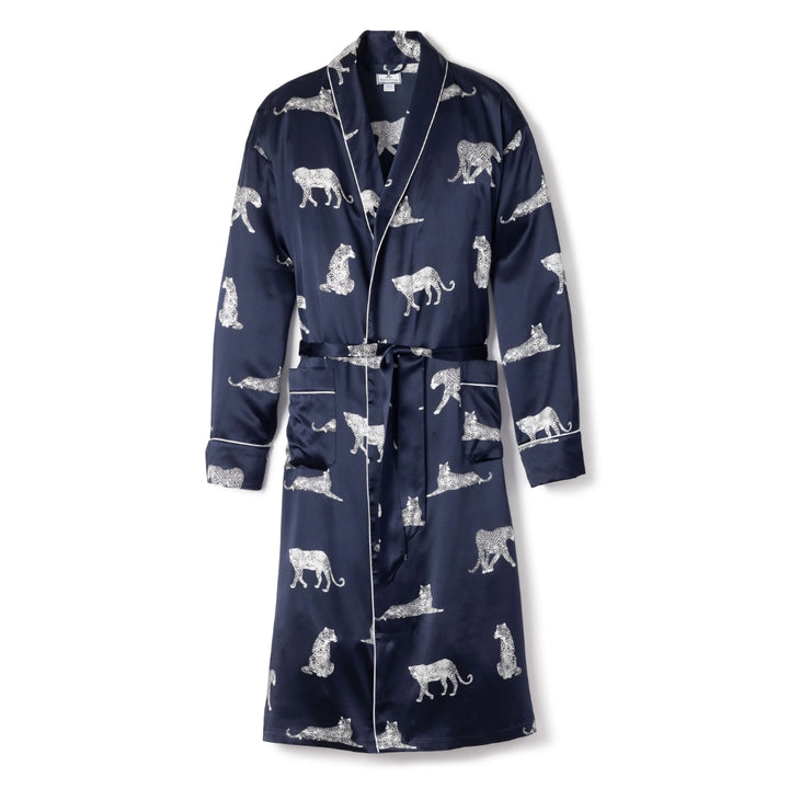Women's Silk Long Robe Panthère de Nuit in Navy