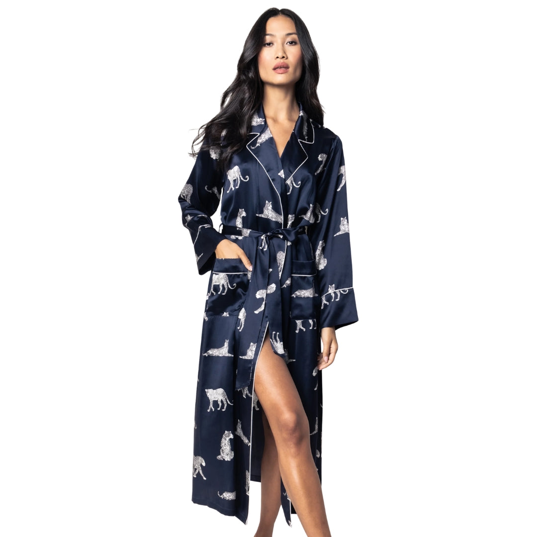 Women's Silk Long Robe Panthère de Nuit in Navy