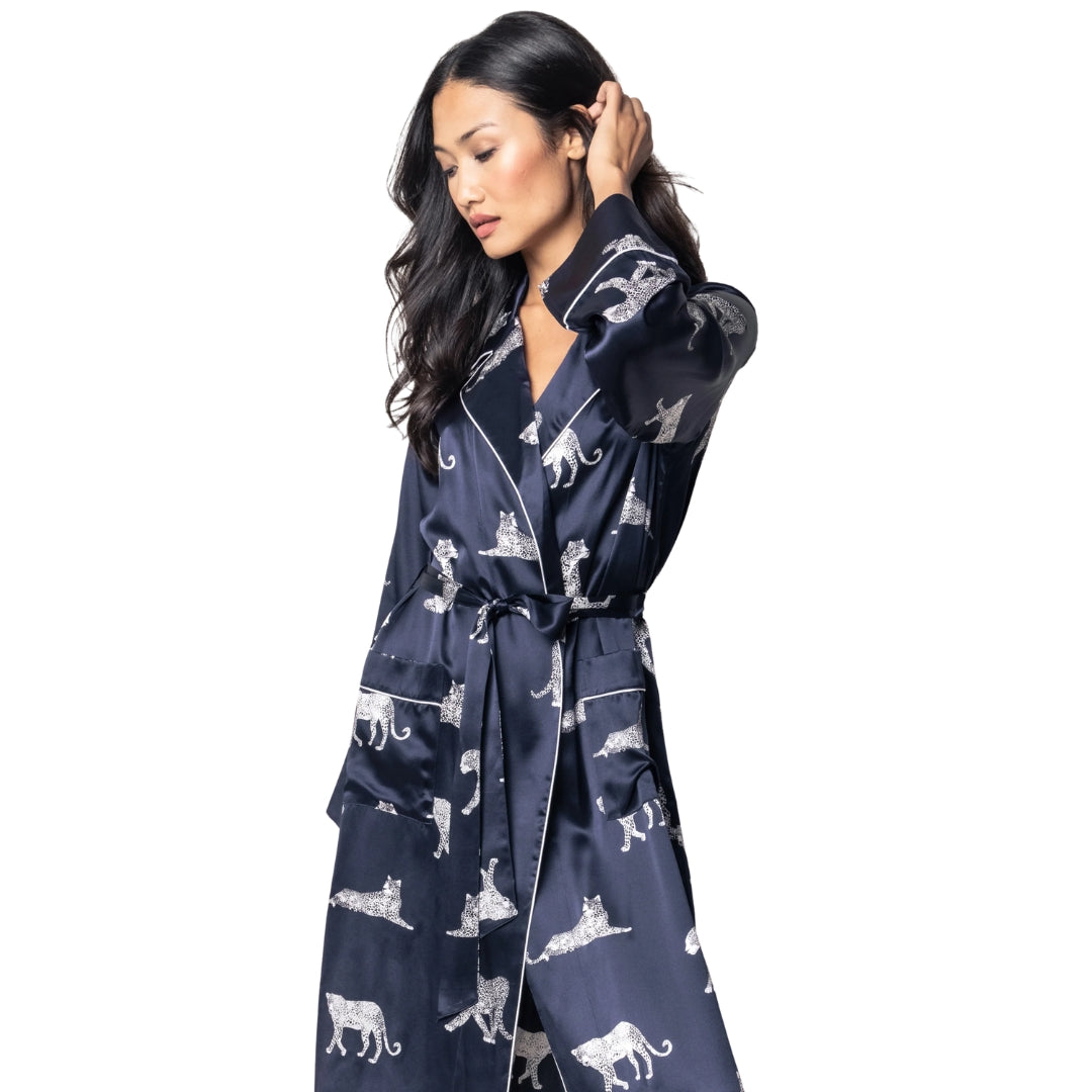 Women's Silk Long Robe Panthère de Nuit in Navy