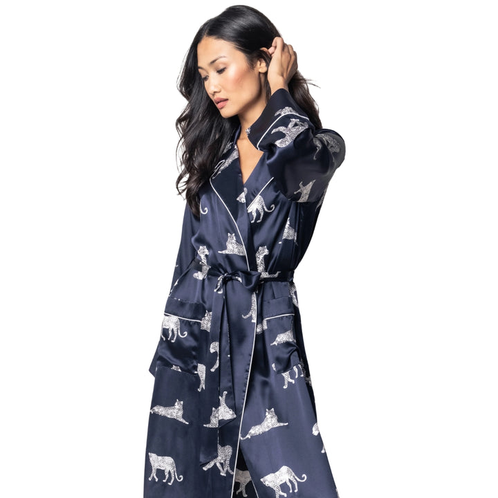 Women's Silk Long Robe Panthère de Nuit in Navy