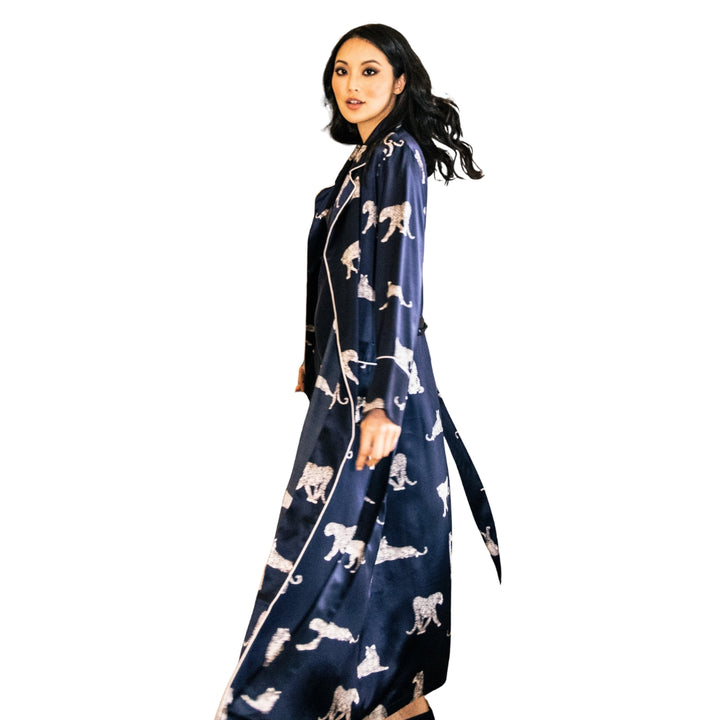 Women's Silk Long Robe Panthère de Nuit in Navy