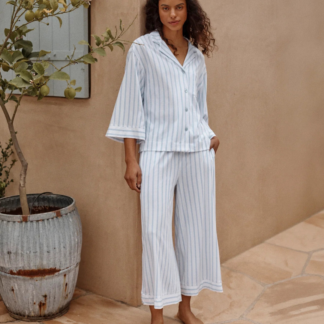Women's Olivia Wide Leg Pajama Set in Periwinkle Stripe
