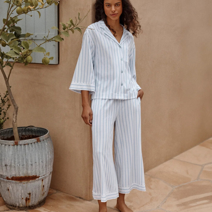 Women's Olivia Wide Leg Pajama Set in Periwinkle Stripe
