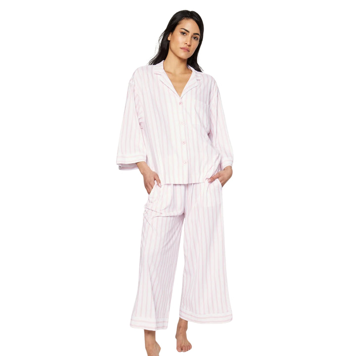 Women's Olivia Wide Leg Pajama Set in Pink Stripe