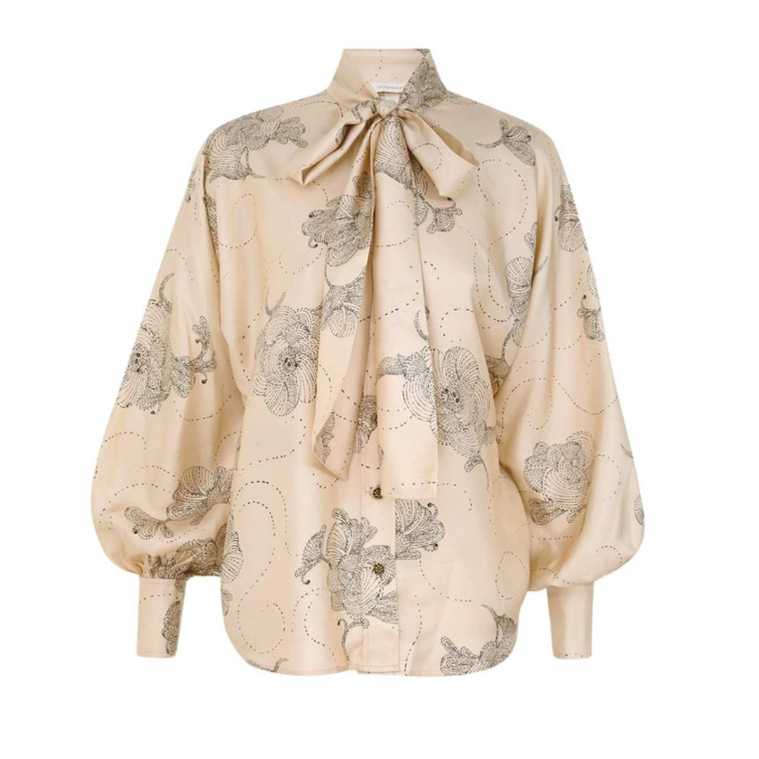 Eden Tie Neck Blouse - Tea Sketch