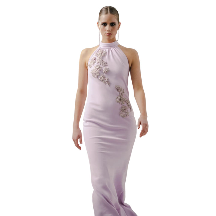T-Neck Bias Gown with Floral Embroidery