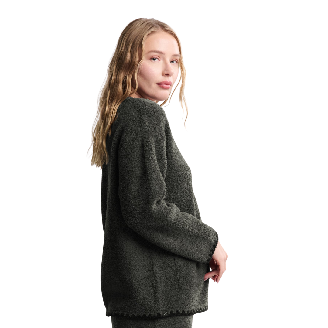 CozyChic Blanket Stitch Cardigan and Scarf, Dark Moss